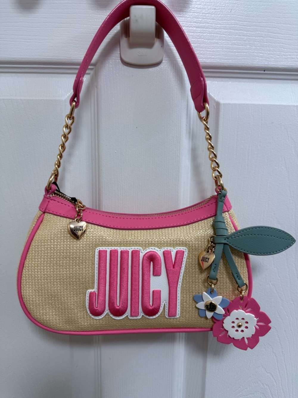 NWT Juicy Couture Breezy Babe Shoulder Bag in Natural/Pink Lemon w/ Floral Charm